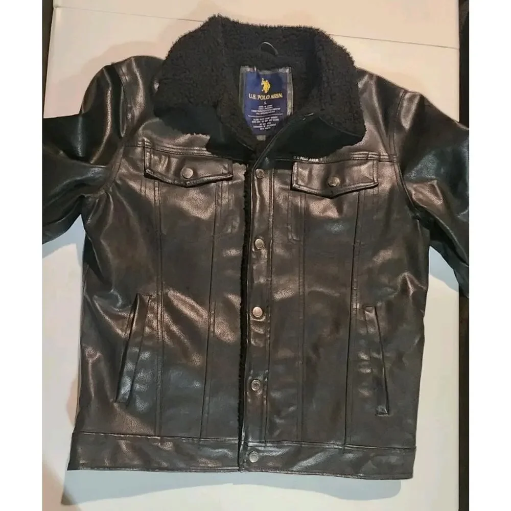 U.S. POLO MEN'S BLACK FAUX LEATHER MOTORCYCLE SHERPA PVC COAT JACKET SIZE L